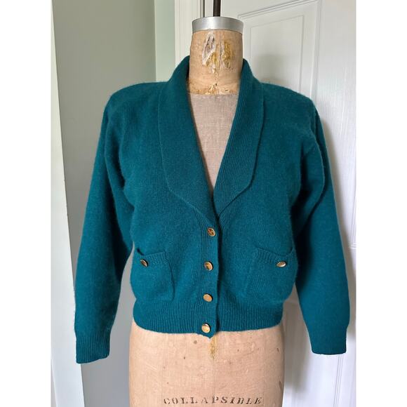 Vintage Lauren Cole Teal Wool angora Cardigan jacket knit blazer gold buttons P - Picture 1 of 15